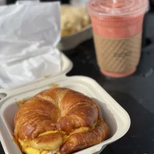 Chicken + Egg + Cheese breakfast sandwich on a croissant