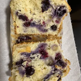 Muffins filled with big blueberries!   Yummy &amp; (surprisingly) not very sweet.