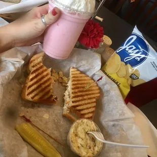 chicken salad on sourdough, strawberry frappe