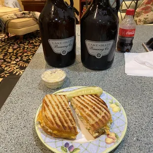 Chicken salad melt with potato salad and Lake Bluff Brewery beer.