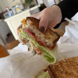 a hand holding a sandwich