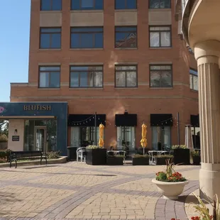 A storefront and patio view.