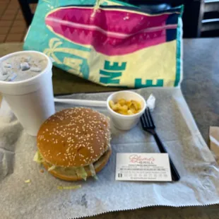 Burger, Diet Coke, &amp; Macaroni and cheese. They also have a customer rewards punch card.