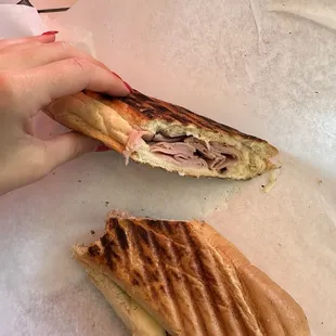 Ham and Swiss cheese on a baguette