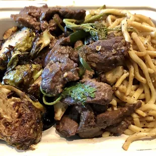 Noodles, Beef, Brussel Sprouts