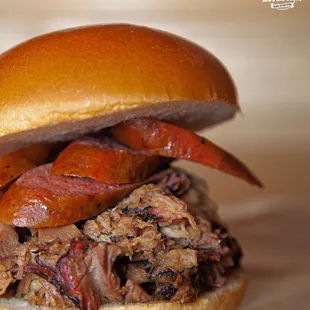 Blu's Special Sandwich - Gut Buster! With brisket, pulled pork and sausage!