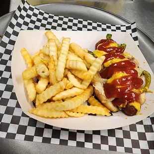 a hot dog and french fries