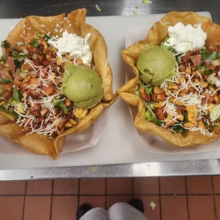 Chicken Taco Salads (Rice, beans, cheese, lettuce  Pico guacamole sour cream  And chicken