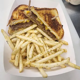 Patty Melt with lemon pepper fries