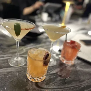 Lemon drop, tequila gimlet, watermelon margarita