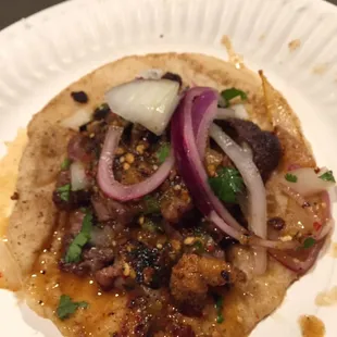 a close up of a taco on a paper plate
