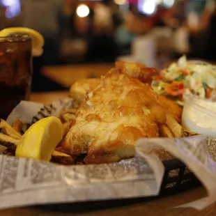 fish and chips with a drink