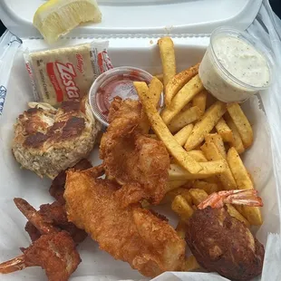 a container of fish and chips