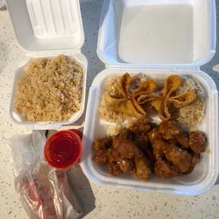 Orange Chicken, Chicken Egg Roll, Fried Rice, Crab Rangoon