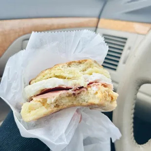 Ham and egg breakfast biscuit with pimento cheese