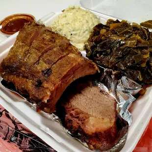 Baby back ribs and tri tip, potato salad and collard greens