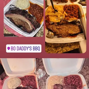 2 meat plates with baked beans, potato salad, beef ribs and brisket, the other with baked beans, Mac n Cheese, pork spare ribs, and brisket.