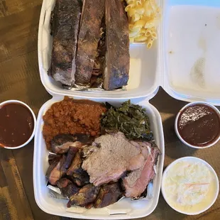 Smoked beans, collard greens, mac and cheese, Mango Coleslaw, rib tips, brisket, pulled pork, beef ribs.