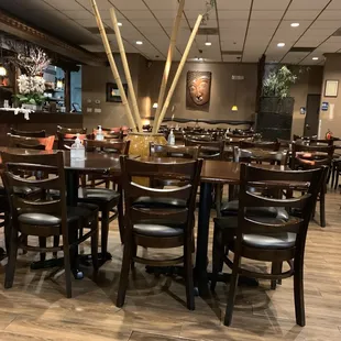 a dining area with tables and chairs