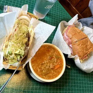 Gyro, chicken gumbo soup, 1/2 Combo sub (from left to right)