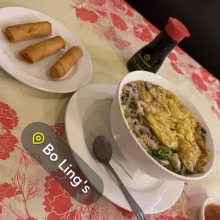 Long life soup and crispy shrimp rolls