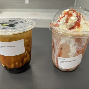 Dirty Tiger Milk Tea W/boba + Strawberry Shortcake Milk Tea