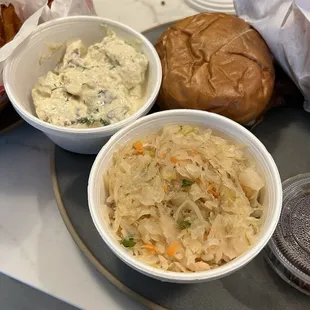 Pork schnitzel sandwich, Omas Sauerkraut, Potato Salad