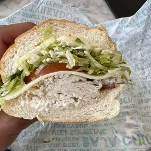 turkey club: turkey breast, bacon, swiss cheese, mayo, tomato, lettuce on a french baguette = $10.50