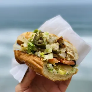 a hand holding a sandwich