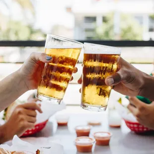 a group of people toasting
