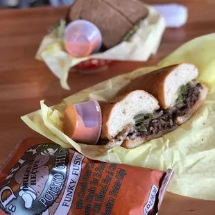 Baja Beef and Vegi Supreme sandwiches, with a side of Dirty Chips.