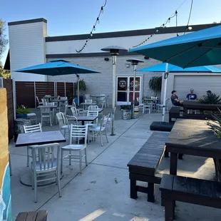 patio with tables and umbrellas