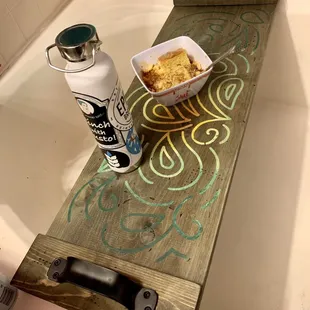 Close up of the custom greenish stain I made and Ombré stencil design