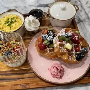 Board for 1 with eggs and waffles