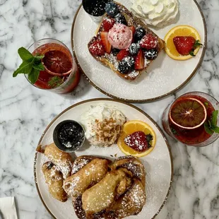 Berry French toast, fried banana French toast, blood orange mimosas