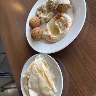 Hummus Dip, Baba Ghanoush, Falafel Bites, Pita Bread