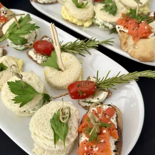 Yea party: cucumber sandwich, egg sandwich, goat cheese and blistered tomato on rye &amp; lox salmon with dill cheese on sourdough