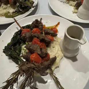 Private event: roasted garlic mashed potato, filet mignon and blistered tomato skewers &amp; flash cooked Chinese broccoli