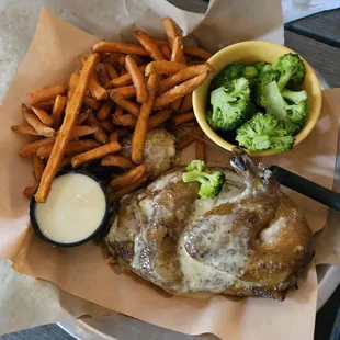 Beer can chicken with sweet potato fries and broccoli