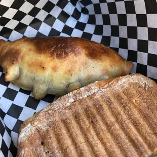 Beef empanada and ham and cheese panini