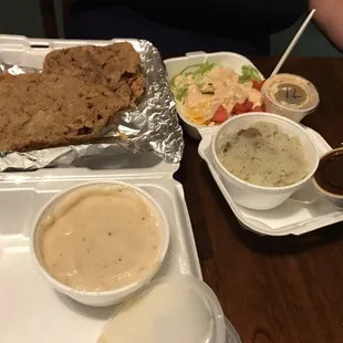 Double Chicken fried steak with mashed potatoes and salad