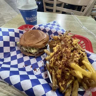 Boardwalk Classic Burger, Bacon Cheddar Ranch Fries (no ranch), Chocolate Milkshake.