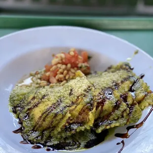 Five Cheese Ravioli with Pesto Sauce and Toasted Pine Nuts
