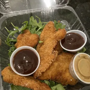 fried chicken strips and dipping sauces