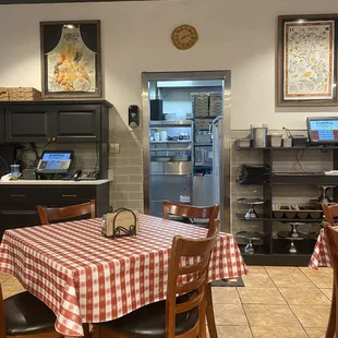 a table with a checkered tablecloth