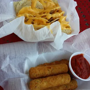 Nachos ($5) and mozzarella sticks ($4.xx)
