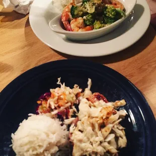 Entrees -- tuna steak topped with crab meat &amp; shrimp scampi