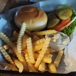 Hamburger with the works with kribkle fries.