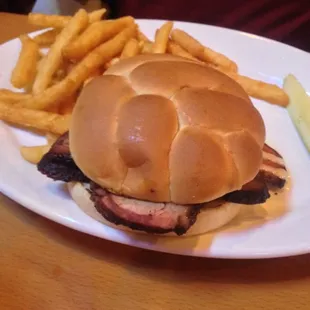 Sliced brisket sandwich with fries