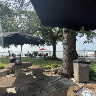 Beautiful outdoor seating with a panoramic lake view